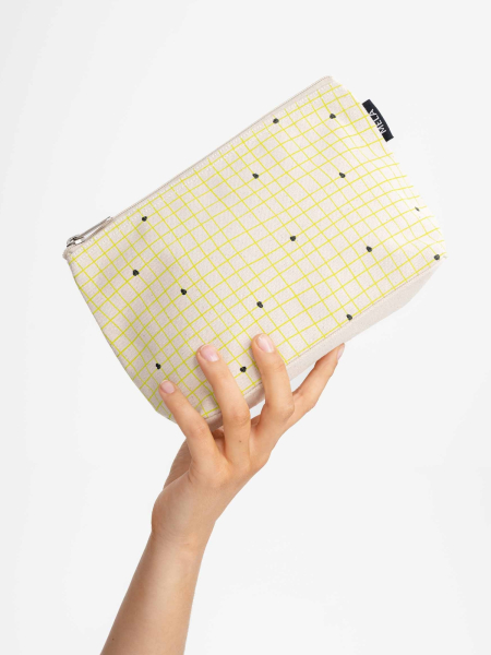 MELA Kosmetiktasche groß greige/grid print